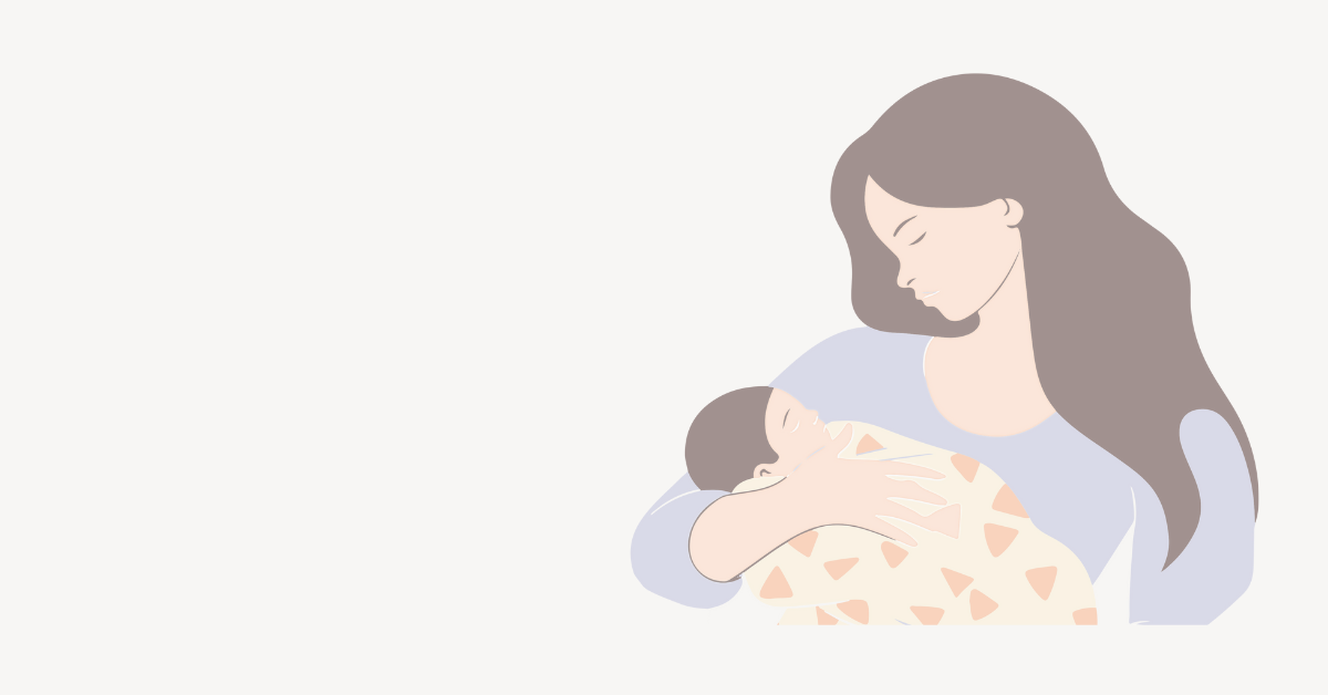 Imagen tipo ilustración de una madre con el pelo largo y marrón oscuro, sosteniendo en brazos a su bebé.