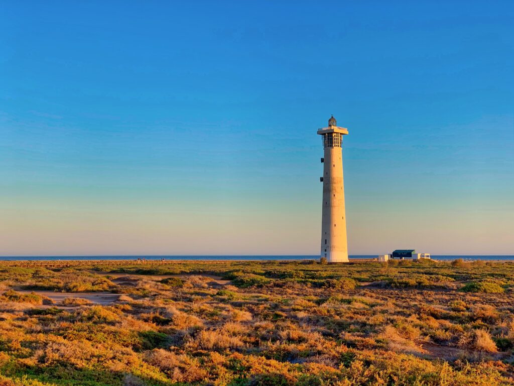 Paisaje de playa mediterránea, con plantas y naturaleza típica de allí. Aparece un faro blanco a la derecha sobre un cielo despejado.